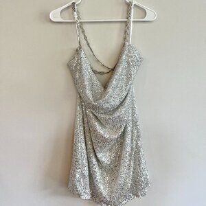 Lulus Famous Behavior Silver Sequin Cowl Neck Mini Dress
